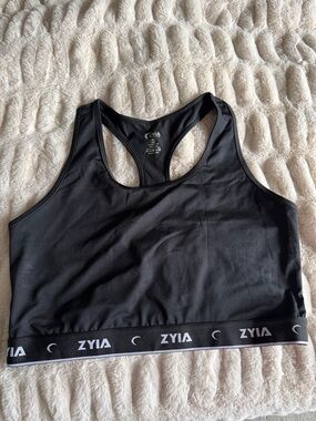 ZYIA Black Racerback Crop Sports Bra with Branded Band